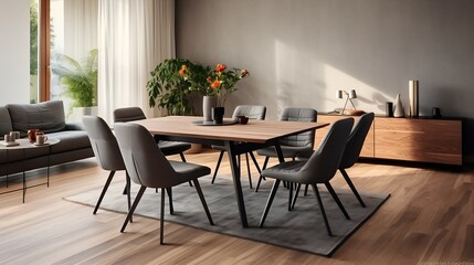 Spacious flat interior with gray sofa, wooden dining table, black chairs and a rug on a wooden floor. Real photo : Generative AI