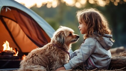 Close up of little girl child sitting in camping tent near sleeping dog and looking at bonfire near forest in morning. Campfire, burning wood in summertime. Camping vibes and outdoor l : Generative AI