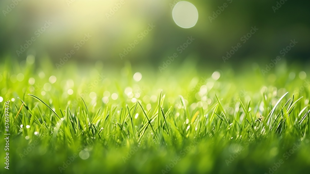 Poster fresh green grass field on blurred bokeh background close up, ears on meadow soft focus macro, beaut