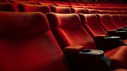 Rows of red theatre seats at a vintage movie palace : Generative AI - obrazy, fototapety, plakaty