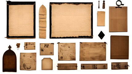 vintage paper sheets, book, old photo frames and corners, antique clipboard isolated on white background. generative AI.