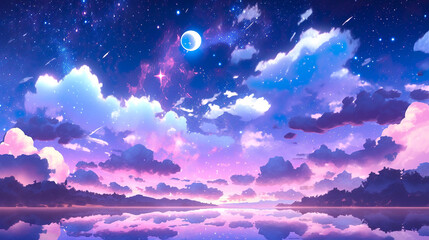 幻想的な美しい空と雲のアニメ風イラスト