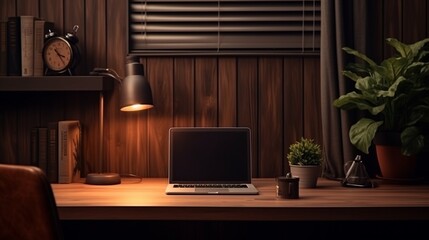 Dark tone office workplace. Wooden work desk with laptop and documents, modern interior of cozy...