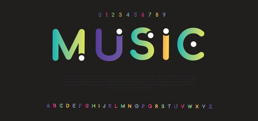 MUSIC modern alphabet. Dropped stunning font, type for futuristic logo, headline, creative lettering and maxi typography. Minimal style letters with yellow spot. Vector typographic design 