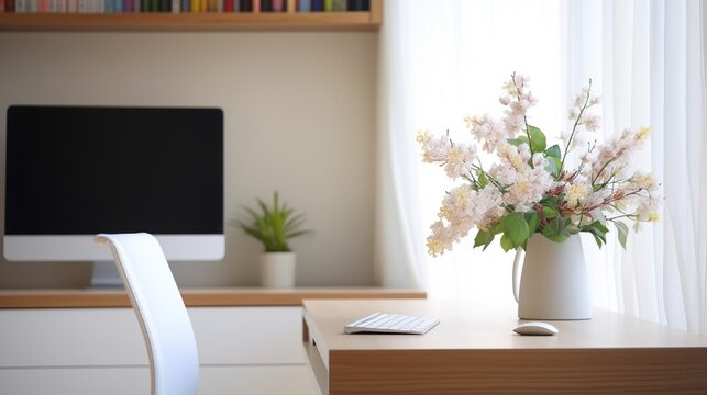 Desktop computer and flower vase on wooden desk with empty chair in home office with white cabinets in modern apartment