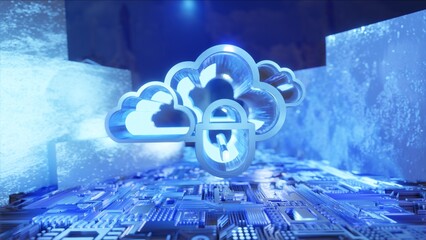 CLOUD SECURITY TECHNOLOGY 3D, SECURITY, MODERN, Network Symbol Blue, Futuristic Concept, blue background, Office, WEB, metallic walls.