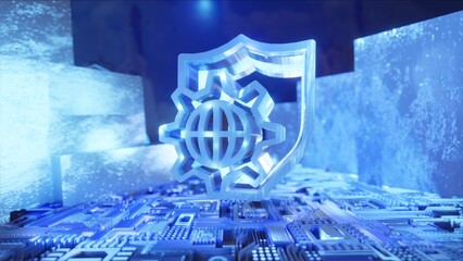 GEAR SHIELD TECHNOLOGY 3D, SECURITY, MODERN, Network Symbol Blue, Futuristic Concept, blue background, Office, WEB, metallic walls.