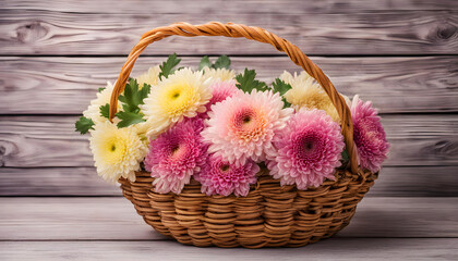 Fototapeta na wymiar Dahlia flower basket on a wooden background 