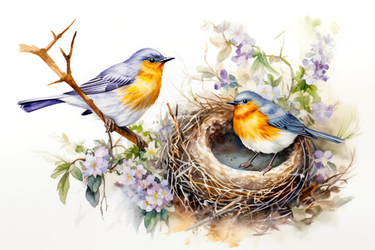 Watercolor painting of bird and bird's nest.