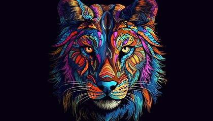 Wild color art, close-up of colorful lion head and face, psychedelic bright, beautiful and colorful, T-shirt clothing design material, black background - obrazy, fototapety, plakaty