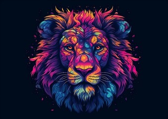 Wild color art, close-up of colorful lion head and face, psychedelic bright, beautiful and colorful, T-shirt clothing design material, black background