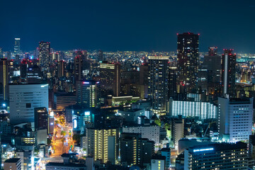 A night panoramic cityscape in Osaka high angle