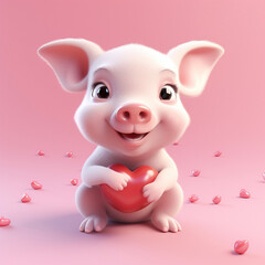 Naklejka premium Cute piglet holding a heart on a pink background, Valentine's Day, mother’s day, illustration, love concept
