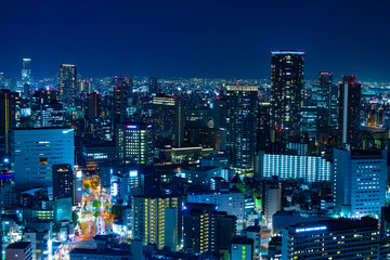 Fototapeta na wymiar A night panoramic cityscape in Osaka high angle