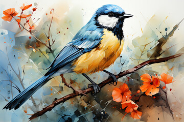 Vibrant Great Tit. Watercolor Joy in Nature