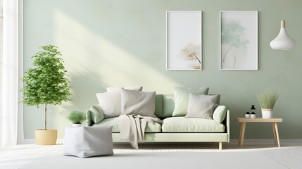 Minty Bliss Retreat: Designing the Perfect Living Room with a Soft Sofa Touch,Stylish Scandinavian LIving Room
