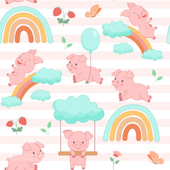 Seamless vector pattern with cute piggy jumping rainbow. Funny farm animal little piglet for textiles or fabric for newborns and nursery.