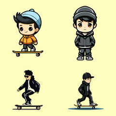 set of cartoon children with skateboard