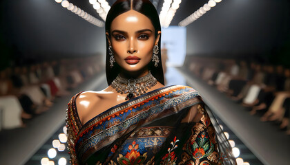 A high-fashion woman gracefully walking down the runway in an elegant Indian saree.