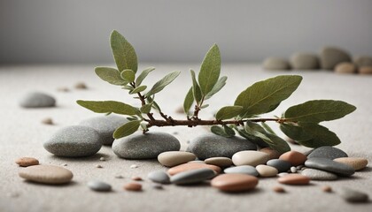Twig with green leaves and pebbles