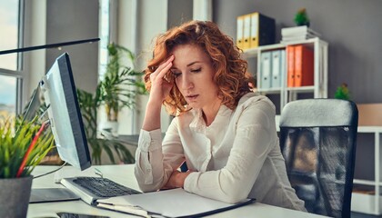 Obraz premium businesswoman working on her laptop, Professional Strife: Young Woman Confronts Work-related Issues