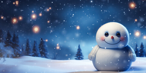 Obraz premium Happy snowman standing in snowy winter landscape. Merry Christmas and Happy New Year, copy space.