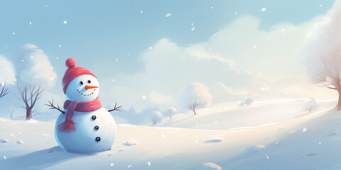 Happy snowman standing in snowy winter landscape. Merry Christmas and Happy New Year, copy space.