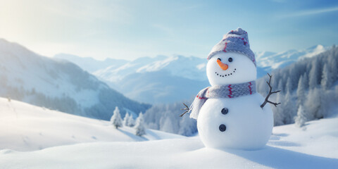 Obraz premium Happy snowman standing in snowy winter landscape. Merry Christmas and Happy New Year, copy space.