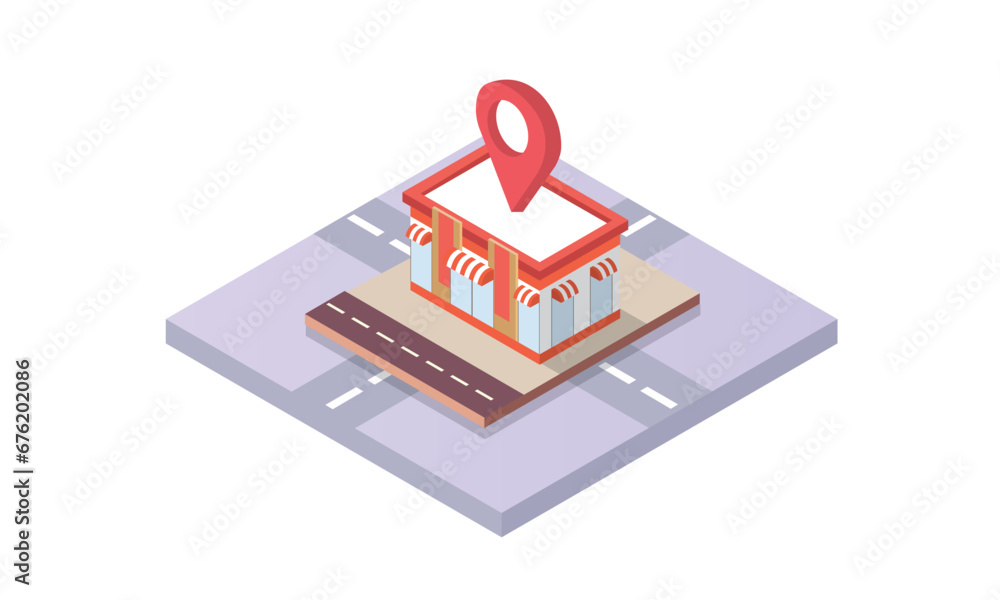Aufkleber isometric shopping store on the map with gps navigation. gps navigation and store locations concept.