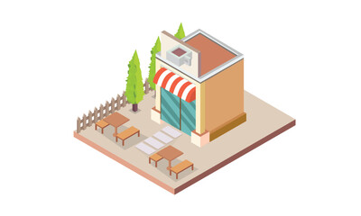 Isometric Coffee shop with tables and chairs and food.on white background.isometric design. 3D design elements for construction of urban and village landscapes.