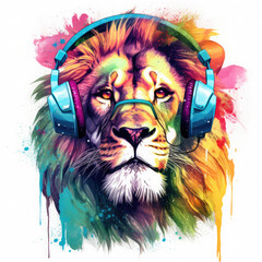 Dj lion with headphones and sunglasses Illustration, Generative Ai