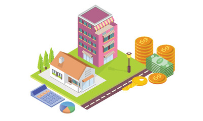 Isometric Conceptual template with house, keys, calculator, coins and banknotes. on white background.isometric design. 3D design elements for construction of urban and village landscapes.