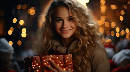 Young beautiful girl with a festive winter gift Christmas New Year blurred background with bokeh