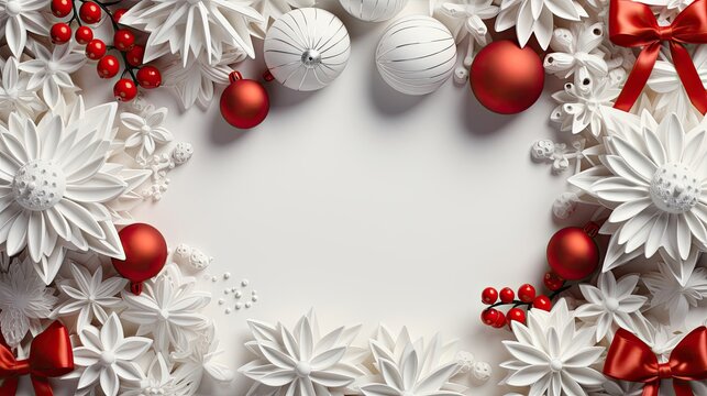 Bright festive white and red balls toys and gifts Christmas New Year decor background