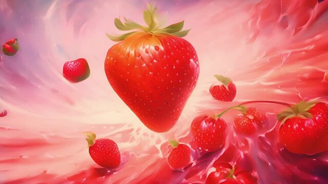 A strawberry made of swirling pink and red energy, pulsing with life and vitality. The colors seem to shift and change as the energy moves within, resembling a miniature galaxy contained