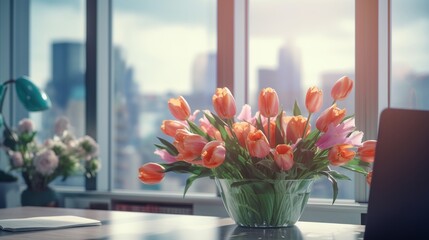 Flowers on a background of a window at modern office