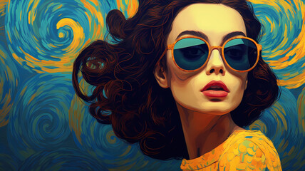 Hand drawn cartoon illustration of beautiful fashionable woman wearing sunglasses
 - obrazy, fototapety, plakaty