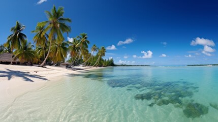 Golden sunlight on tropical beach, soft sand, crystal clear sea create tranquil oasis
