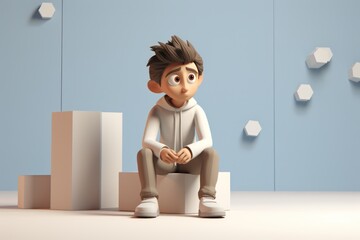 sad boy sitting, 3d cartoon character - obrazy, fototapety, plakaty