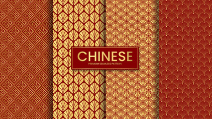Premium seamless chinese pattern vector illustration set. Red and gold chinese new year pattern