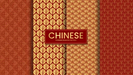 Fotobehang Premium seamless chinese pattern vector illustration set. Red and gold chinese new year pattern © yustika