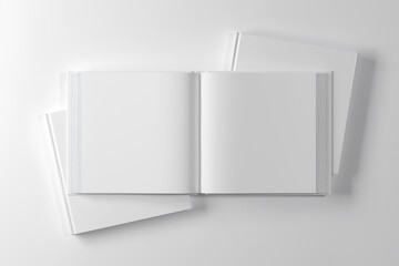 Opened square hardcover book mockup. 3D rendering - obrazy, fototapety, plakaty