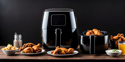 Air fryer cooking machine and french fries, fried chicken on black background.