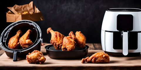Air fryer cooking machine and french fries, fried chicken on black background.