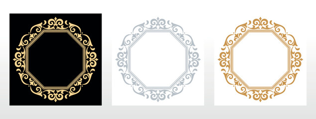 Set of decorative frames Elegant vector element for design in Eastern style, place for text. Floral black, gold and gray borders. Lace illustration for invitations and greeting cards