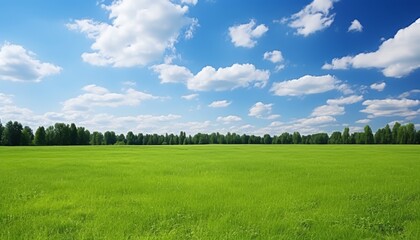 Fototapeta premium breathtaking view of vast lush green fields and serene blue sky with fluffy white clouds