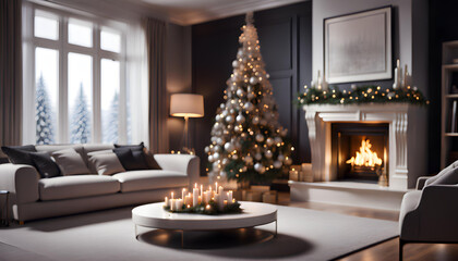 Luxury, stylish and modern living room with fireplace and Christmas tree - obrazy, fototapety, plakaty