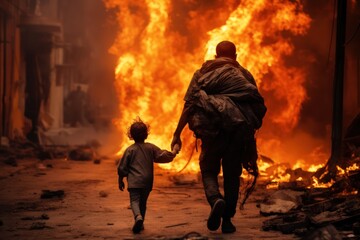 child stands post-apocalyptic ruined city. Destroyed buildings, burnt-out vehicles, and ruined roads. Buildings on fire, smoke, smog, dust and fires.