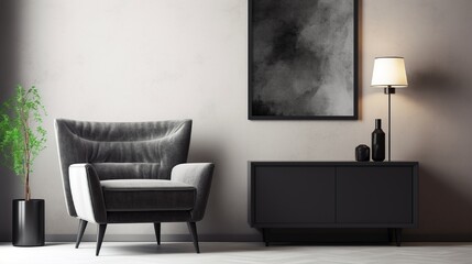 Interior design of modern living room with black stylish commode, chair, mock up art paintings, copy space, decorations and elegant accessories in home decor. Template