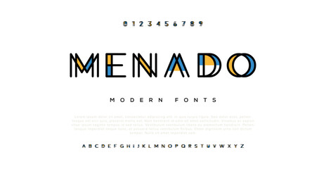 MENADO Modern abstract digital alphabet font. Minimal technology typography, Creative urban sport fashion futuristic font and with numbers. vector illustration - obrazy, fototapety, plakaty